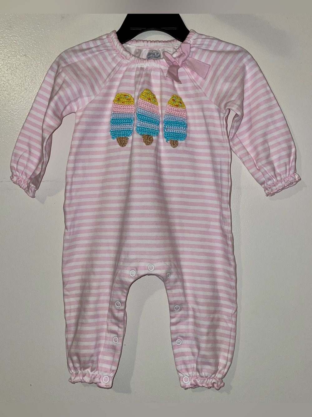 Mud Pie Pink & White Striped Baby Footie with Popsicle Appliqués